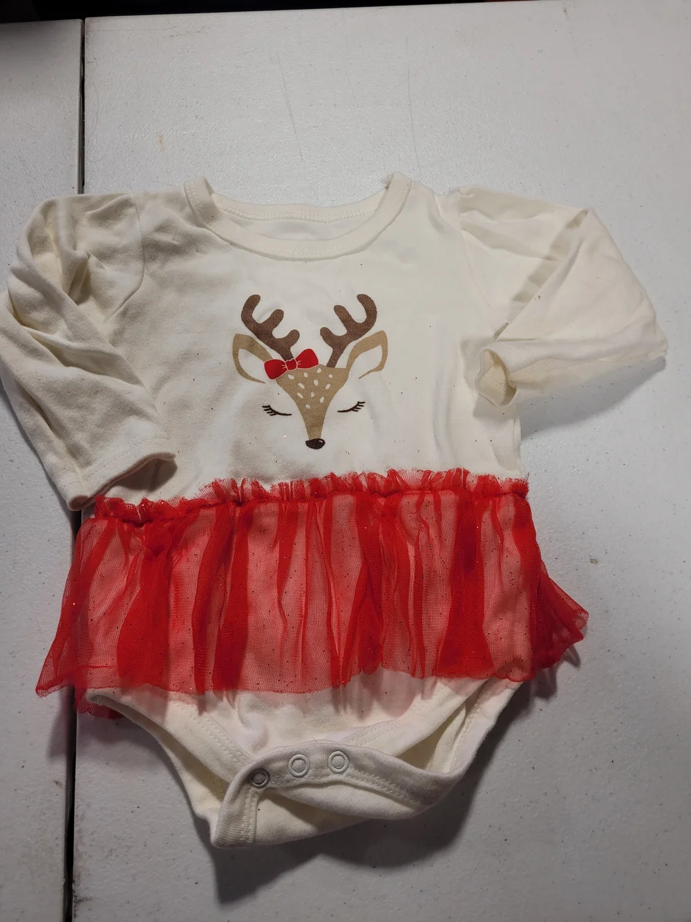 Cream Reindeer One-Piece Bodysuit with Red Tulle Skirt for Girls